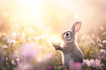 Wall Mural - a serene easter bunny standing in a misty meadow, holding a glowing egg and surrounded by soft, past