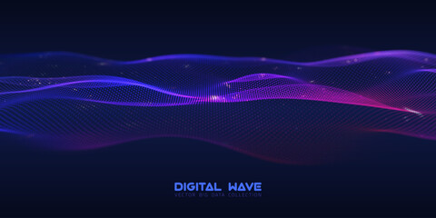 Poster - Abstract digital audio wave of particles with bokeh. Futuristic AI technology. Cyber data flow vector concept.