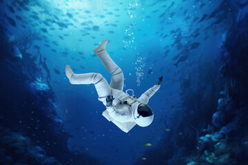 Wall Mural - Astronaut & underwater world surreal remix