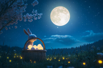 Wall Mural - A peaceful night scene featuring an Easter Bunny placing softly glowing Easter eggs into a tiny woven basket, lit by the full moon.