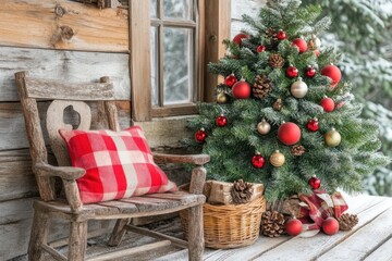 Wall Mural - A festive Christmas tree stands beside an inviting chair on a cozy porch, creating a warm holiday atmosphere for gatherings and celebrations.