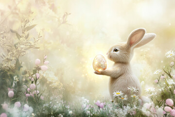 Wall Mural - a serene easter bunny standing in a misty meadow, holding a glowing egg and surrounded by soft, past