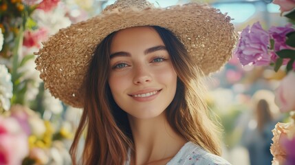 Wall Mural - A joyful woman in a straw hat smiles amidst a vibrant floral backdrop, showcasing her connection with nature and the beauty of her surroundings.