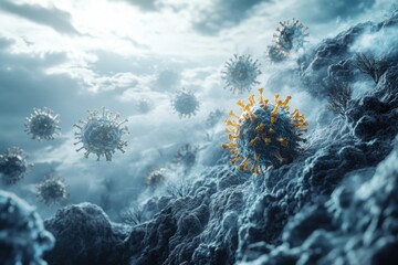 Poster - Microscopic view of a virus against a dramatic cloudy background illustrating scientific concepts
