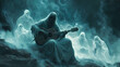 © Thiago - A cursed bard with a haunted lute, surrounded by ghostly apparitions of past listeners illustration, dark fantasy, Ethereal Ghostly Apparitions. Illustration