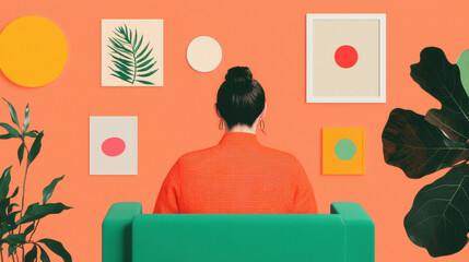 Wall Mural - Colorful home interior with a person sitting on a green couch, facing artwork.