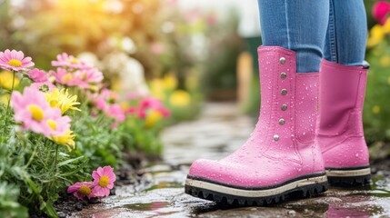 A giraffe wearing pink rain boots stands gracefully in a colorful garden, showcasing a whimsical blend of nature and playful fashion.