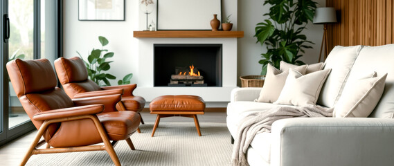 two brown leather armchairs and a white sofa in a cozy living room with a fireplace