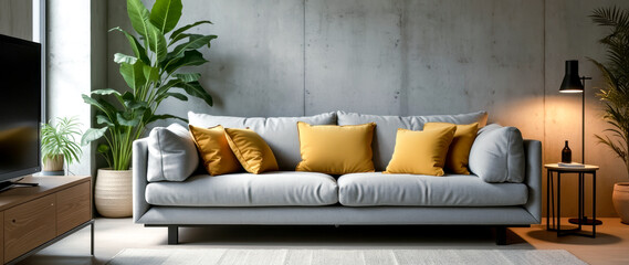 modern living room featuring a light gray sofa with mustard-yellow pillows