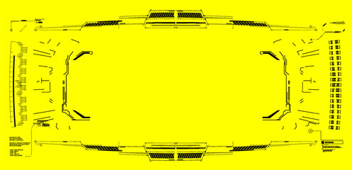 Poster - Futuristic interface design features a bright yellow background with intricate black patterns and data elements for digital displays.