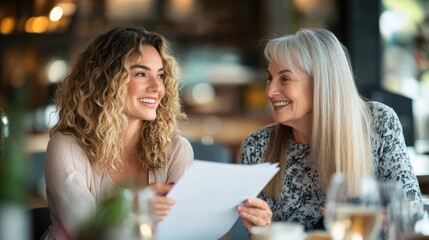 Fototapete - A social worker and an older client engage in a warm conversation over paperwork in a cafe, enjoying each other's company and the pleasant atmosphere on a sunny day