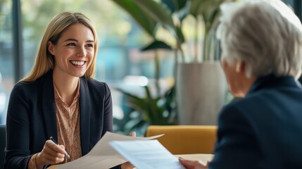 Fototapete - A social worker is sitting across from a client, discussing important matters. The setting is a contemporary office filled with plants and natural light