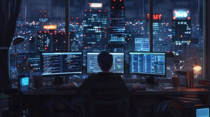 freelance programmer working remotely at night, multiple screens displaying lines of code, city skyline visible in background