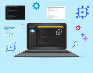 Poster - Artificial Intelligence coding assistant concept background with programming on the screen, background. Development, software backdrop