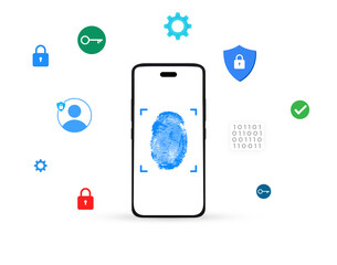 Poster - Biometric through smartphone with thumb print on the screen, futuristic tech and security concept backdrop