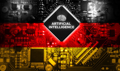 Poster - Artificial intelligence chip with Germany flag backdrop, technology advancement concept