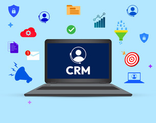 Poster - CRM on the laptop screen with colorful shapes floating around, backdrop. Customer relationship management concept illustration, optimization, training, planning and marketing