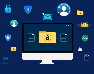 Poster - Data and files encryption concept background with locks and sharing on the screen, data protection, secured and verification design