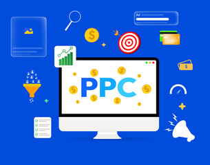 Poster - Pay Per Click campaign for driving online sales and business leads, advertisement with money concept design illustration. ROI, ppc, conversions, leads, revenue, sales, ecommerce concept