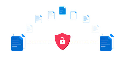 Poster - Secure and protected data sharing minimalist design with blue files and lock in the center, technology concept backdrop.