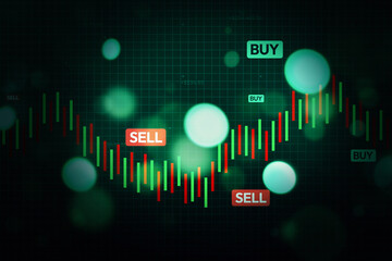 Poster - Trading and stock market forex concept background in green color with blur glowing light, financial investment, earning, revenue and profit in stocks backdrop