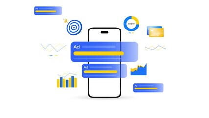 Poster - Digital Advertisement through mobile concept with infographics popping and floating around the smartphone, 4k animation. Marketing, advertising, analytics, blue, modern, graphs, ads