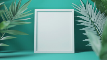 Wall Mural - advertising billboard , square blank white photo , empty frame isolated on green background , wall , plants 