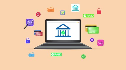 Poster - Online banking on the laptop with colorful floating infographics, 4k animation. Seamless, credit, cards, money, finance, digital banking, finance management