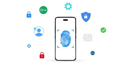 Poster - Thumb biometric verification on the smartphone with white screen and green for keying, 4k animation. Biometric, secure, mobile, scanning, lock, user verification concept.