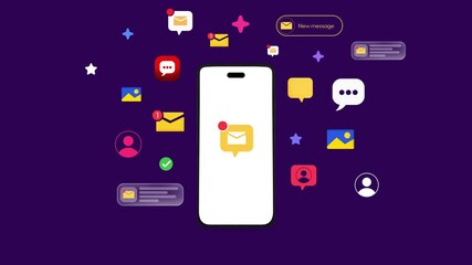 Poster - Unread and new message notifications appear on the white screen of mobile with floating shapes around, 4k animation. Modern smartphone, email, user, message, unread.