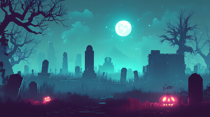 Wall Mural - Spooky graveyard with glowing pumpkins under full moon, perfect for halloween backgrounds. generative ai. Haunting Foggy Cemetery. Illustration