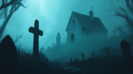 Wall Mural - A chilling image of an abandoned house shrouded in fog, with eerie shadows and ghostly shapes forming in the misty background. Haunting Foggy Cemetery. Illustration