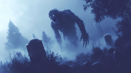 Wall Mural - Creepy monster with rough skin crawling in a foggy graveyard by night, surrounded by tombstones and trees. Haunting Foggy Cemetery. Illustration