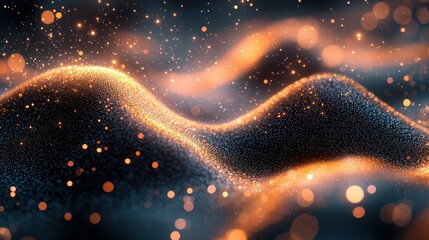 Abstract gold particles flowing over dark background with bokeh