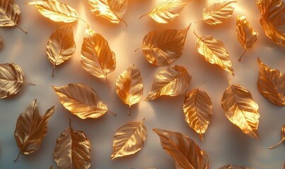 Wall Mural - artistic flat-lay of glowing golden leaves on a neutral surface, softly illuminated by warm sunlight