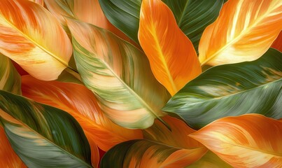 Wall Mural - artistic flat-lay of tropical leaves in vibrant orange and green tones, softly illuminated by warm n