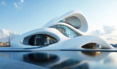 Wall Mural - Architectural exterior of a futuristic building with smooth white curves and reflective surfaces, dynamic perspective with bright daylight highlighting innovation,