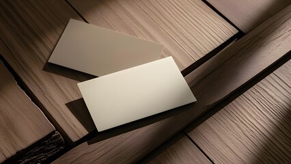 Blank business card made of paper, plain cream color. Displayed standing and horizontally. Space,envelope