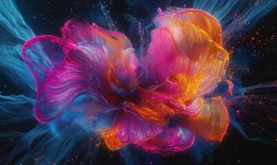 Wall Mural - Artistic abstract light trails in neon pink, orange, and blue hues swirling dynamically against a cosmic dark backdrop, creating energy and movement,