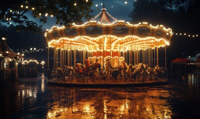 Wall Mural - Atmospheric view of a brightly illuminated carousel at night, soft golden light reflecting off wet pavement, evoking nostalgia and whimsy,