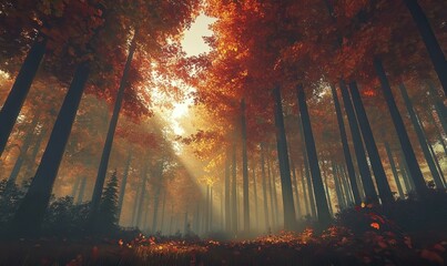 Wall Mural - autumn forest with tall trees showcasing bright red and orange leaves, illuminated by golden sunligh