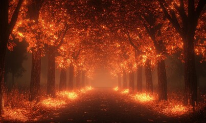 Wall Mural - autumn park with rows of trees glowing in fiery orange and yellow hues, framing a serene walking pat