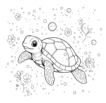 Coloring page for kids, a cute, happy turtle swimming in the sea with small flowers and bubbles on a white background