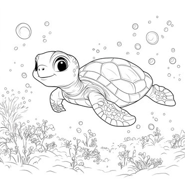 Coloring page for kids, a cute, happy turtle swimming in the sea with small flowers and bubbles on a white background
