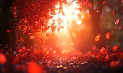 Wall Mural - bright autumn foliage glowing in shades of red and orange, softly illuminated by warm natural sunlig
