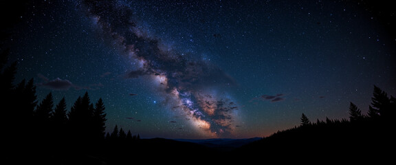 Wall Mural - Majestic night sky filled with stars and the Milky Way galaxy creates a serene and peaceful atmosphere, inviting viewers to experience relaxation and stress relief amidst a tranquil wooded landscape