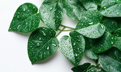 Wall Mural - Bright green leaves with water droplets scattered across a clean white background, soft natural light enhancing their vibrant tones and organic feel