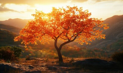 Wall Mural - bright orange tree in full autumn bloom, illuminated by warm golden sunlight, surrounded by a vibran