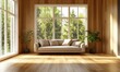 © Александр Михайлюк - Elegant modern living room with light wood paneling, sleek furniture, and natural light streaming through large windows creating a tranquil and inviting interior,