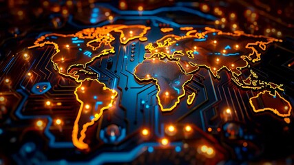 Wall Mural - world map made of electronic circuit, global network connectivity, technology business, internationa